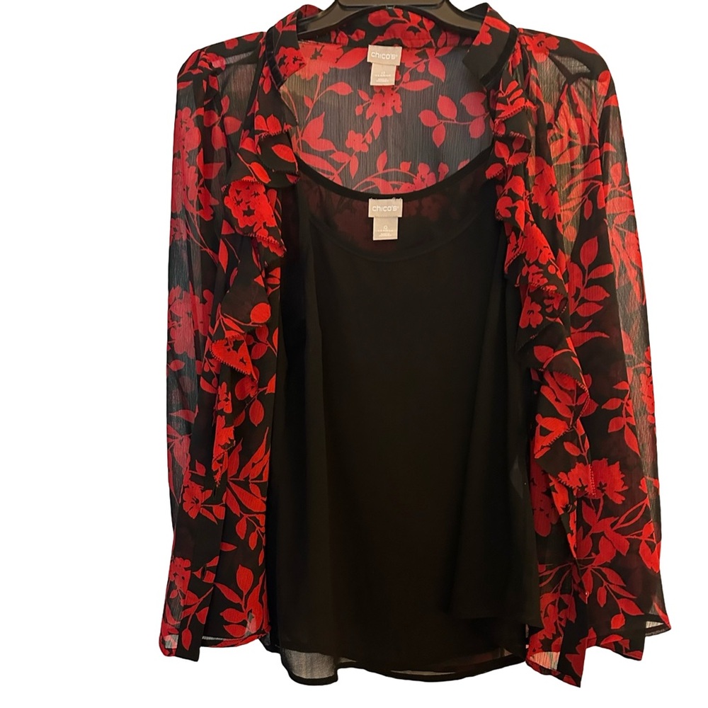 Chico's Black & Red Floral Chic Semi Sheer Blouse with Black Tank Top Lining S